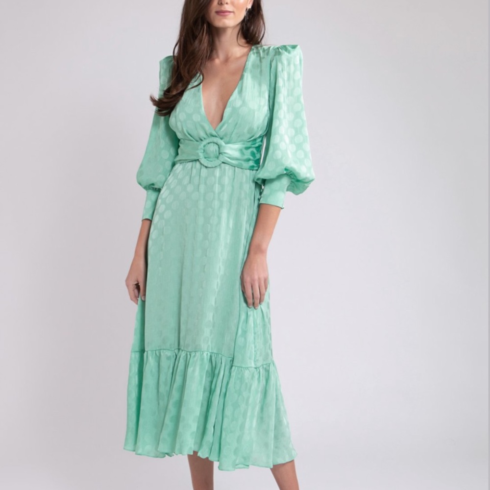 PatBO Satin Jacquard Dot Belted Plunge Neck Midi Dress Aqua Mint Green Sz 10 NWT